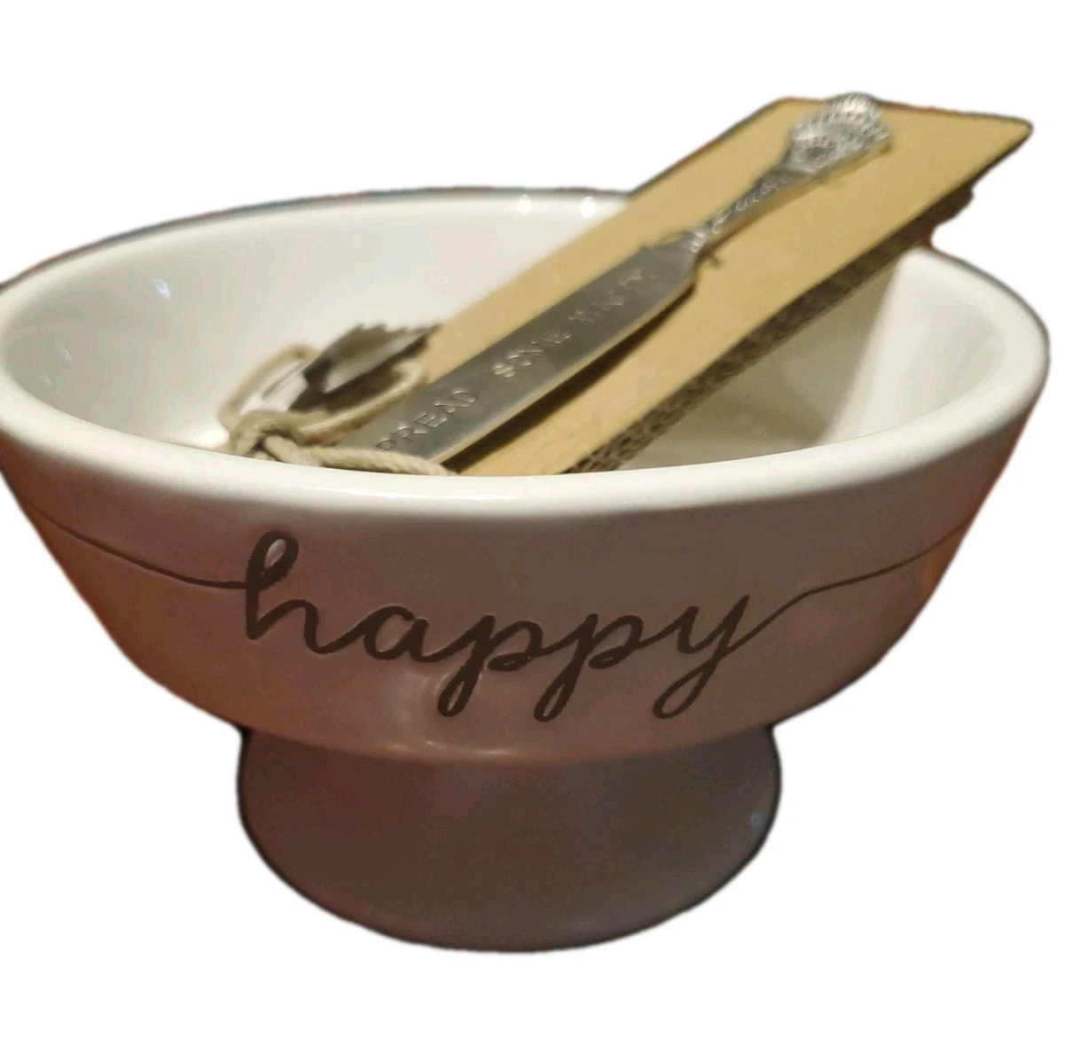 Mud pie White Pedestal "Happy" Dish & "Spread Some Happy" Cheese Knife