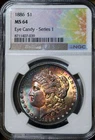 1886 Morgan Silver Dollar NGC MS64 Rainbow Toned Coin Both Sides Eye Candy $1 BU