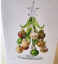 LS ARTS Green Glass Christmas Tree With Mirror Bottom And Glass Ornaments