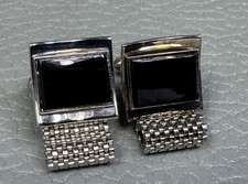 Vintage Onyx Center White Gold Plated Wrap Around Cuff Links