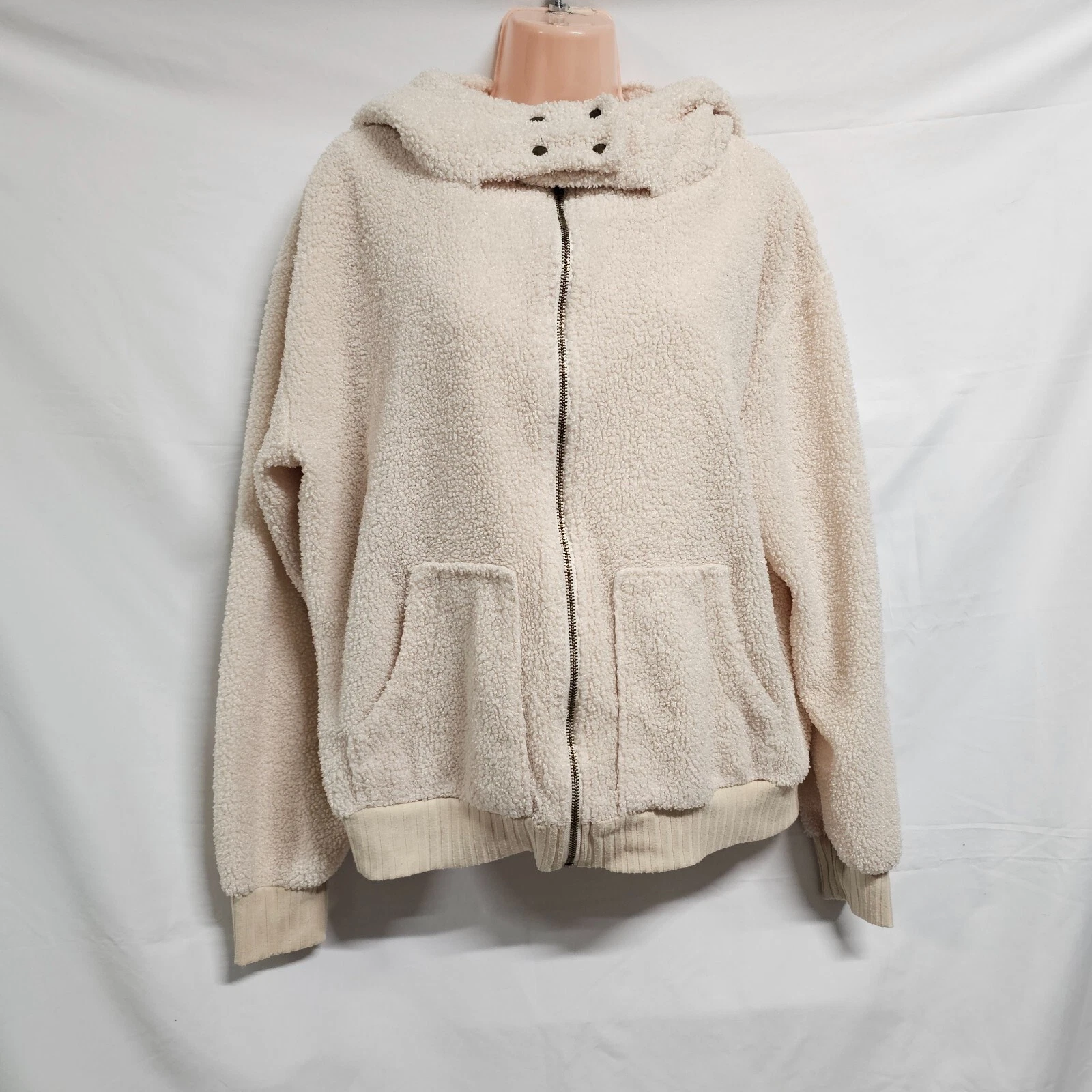 OFF WHITE Porridge Anthropologie taglia L avorio manica lunga sherpa felpa con cappuccio zip giacca