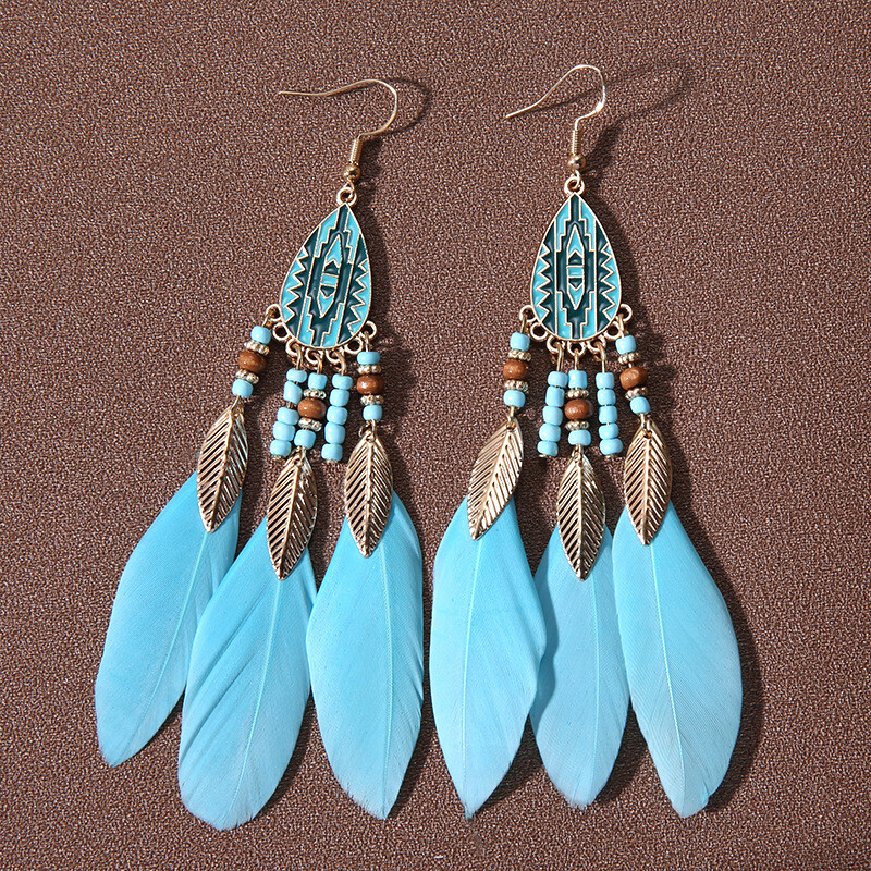 Boho Feather Earrings With Beads - Bohemian Vintage Drop Dangle Earrings For Women