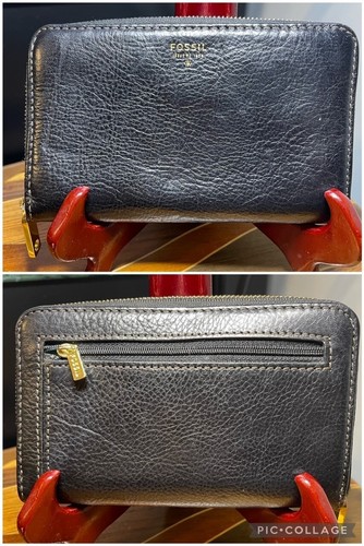 Vintage FOSSIL Black Leather Zip-Around CLUTCH WALLET (XPO) & New KEY CHAIN FOB - Picture 3 of 12