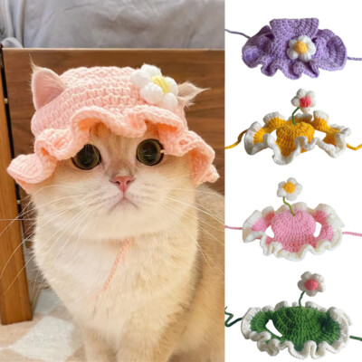 Knitted Flower Cat Hat Puppy Kitten Elastic Woven Cap Handmade Pet