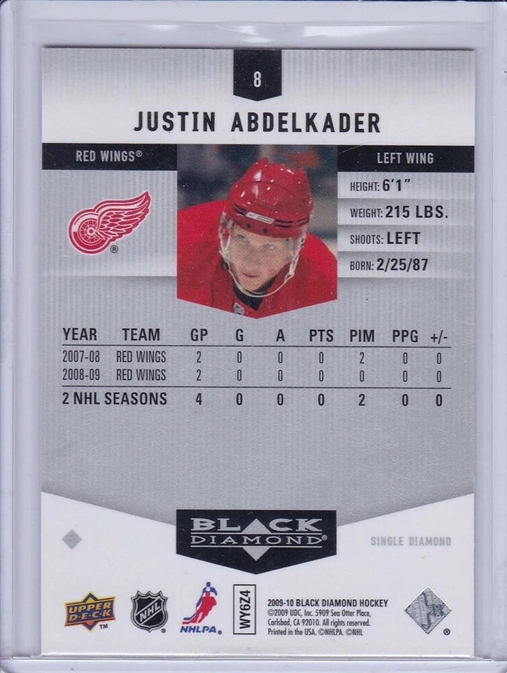 Justin Abdelkader 2009 Upper Deck Black Diamond Hockey Card 8 - Image 2 of 2