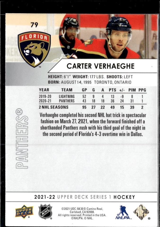 2021-22 Upper Deck #79 Carter Verhaeghe - Image 2 of 2