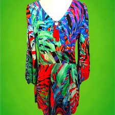 Farm Rio NWT sz Small vibrant green blues reds cut out long sleeve mini dress