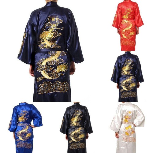 Mens Satin Chinese Dragon Kimono-Silk Bathrobe Pajamas Sleepwear Gown Bath Robe - Picture 12 of 52
