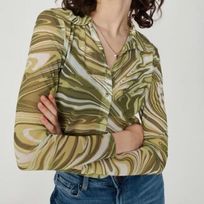 GARAGE Sheer Mesh Button Up Crop Top Green Swirl Psychedelic Y2K Extra Small XS