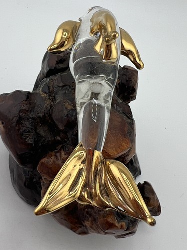 Glass Dolphin on Wood Base- Clear and Gold Dolphin - Picture 4 of 8