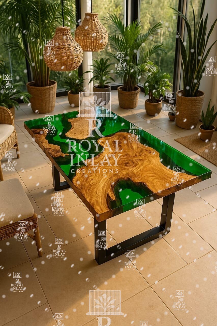 Handmade Green Epoxy and Wood River Table for Living or Dining Room-image