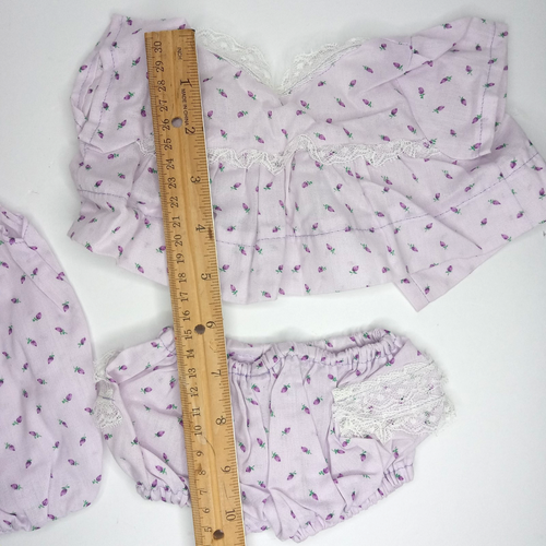 Vintage Baby Puppenkleidung Set 3-teilig Strampler Unterhose Oberteil lila Blumen 12-13-14-15 Zoll - Bild 10 von 15