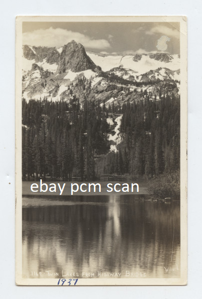 Twin Lakes from Highway Bridge . trees, Mountains and Snow . pc RPPC