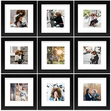 Set of 9 6x6 Wood Picture Frames with White Color Mat for 4x4 Photo & Real Glass