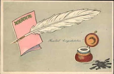 Feather Quill Pen Ink Well Unspecified Greeting c1905 Embossed Postcard