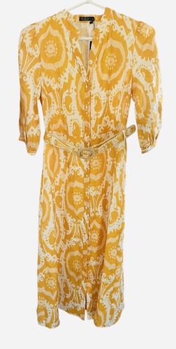 G.D.S Dress BNWT Abyss Belted Midi Yellow Linen Size XS - Picture 2 of 4