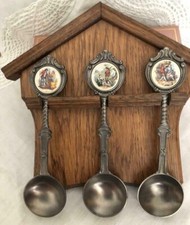 Eichenbrett Wandhalter 3 echte Zinnl&ouml;ffel mit Jagdmotiven