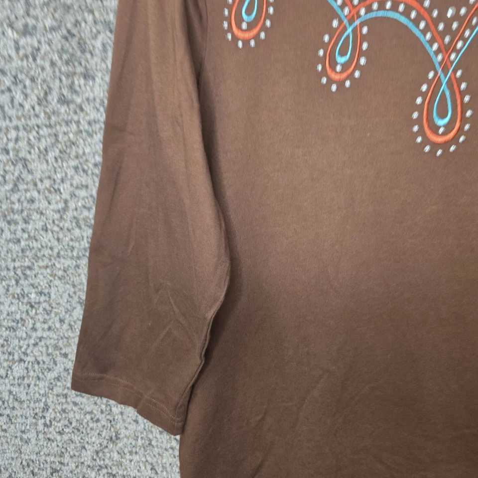 Camiseta Bob Mackie Usable Art Top Mujer Mediana Marrón Bordada Manga 3/4 Foto 3 de 4