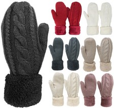 Womens Winter Fleece Lined Warm Cuffed Knit Mittens Gloves