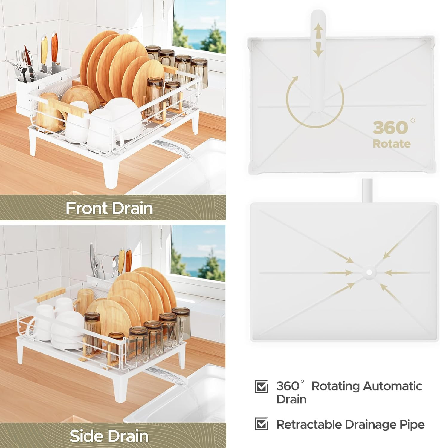 JYPS Dish Drying Rack for Kitchen Counter Decor with Drainboard White 