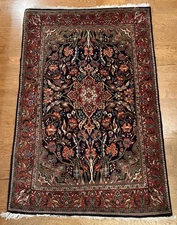 3.5 X 5 Fine Crimson Navy Seafoam High KPSI Keshaan Rug Birds & Floral Design