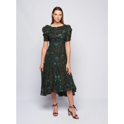 Ulla Johnson Marte Printed Metallic Chiffon Midi Dress Rainforest Size 6