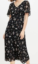 LOFT Midi Dress Black Shell Print Metallic Spark Dot Flutter Goth Beach 90’s NWT