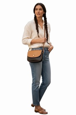 VTG Céline Italy Leather Crest Crossbody Bag Two-Tone Saddle Y2K