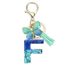 Initial Letter Keychains, Resin Cute Pendant with Butterfly Tassel, Teal-F