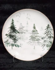 4 Winter Trees on White Salad Plates 8.5" Ceramic Christmas Green Brown Edges