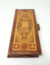 Vintage 1945 Mission Leather Bridge Set Brown and Bigelow with 4 Decks of cards