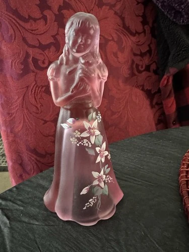Fenton Pink Iridescent Glass Girl with Flowers Figurine Hand Painted  & Signed