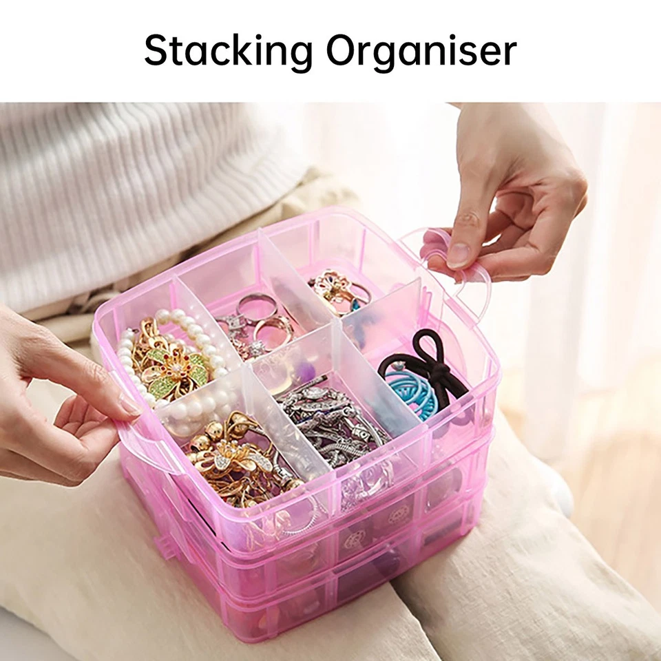 Portable Plastic Jewelry Organizer Box Three-Layer Detachable Storage Case AU - image 4 of 4