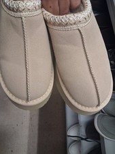 Beige Suede Slip-On Women's Platform Slippers with Braided Trim, Comfort, Size 8