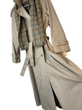 VTG New London Fog Tan Womens Trench Coat Zip Lined Scarf Midi Size 16