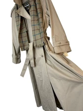 VTG New London Fog Tan Womens Trench Coat Zip Lined Scarf Midi Size 16