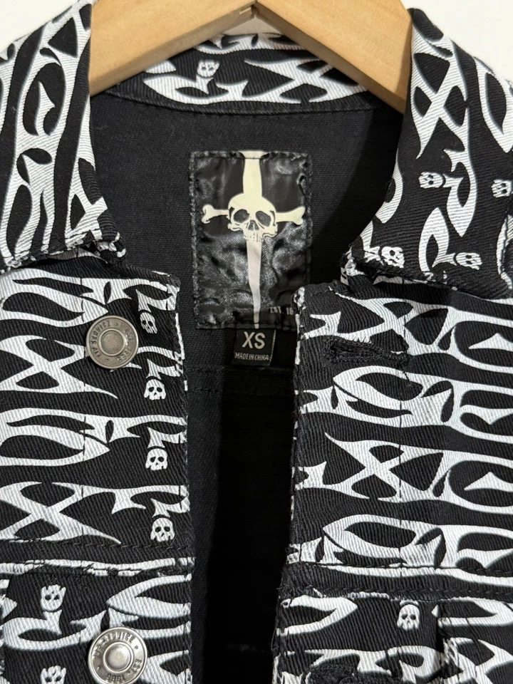 LIP SERVICE Men's Twill SEX? Print Black White Trucker Rock Punk Denim Vest XS - Image 2 of 2