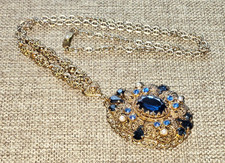 Vintage W. Germany Royal Blue Faceted Rhinestone & Faux Pearl Filigree Necklace