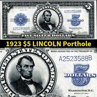 HGR SATURDAY 1923 $5 Silver Cert (RARE Lincoln Porthole) AU UNCIRCULATED