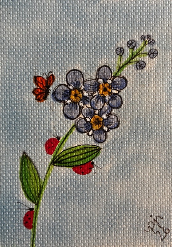 ACEO Original Miniature Art By PJR Forget Me Not Flowers Butterfly Ladybugs