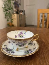 Vintage Violet Floral Footed Tea Cup  Saucer Heavy Gold Trim 1950s Japan/English