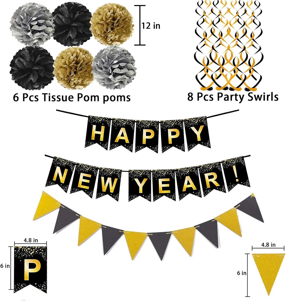 Juego de Feliz Año Nuevo Banner Negro con Bandera de Papel Negro Dorado Bunting Swirl Streame Foto 2 de 4