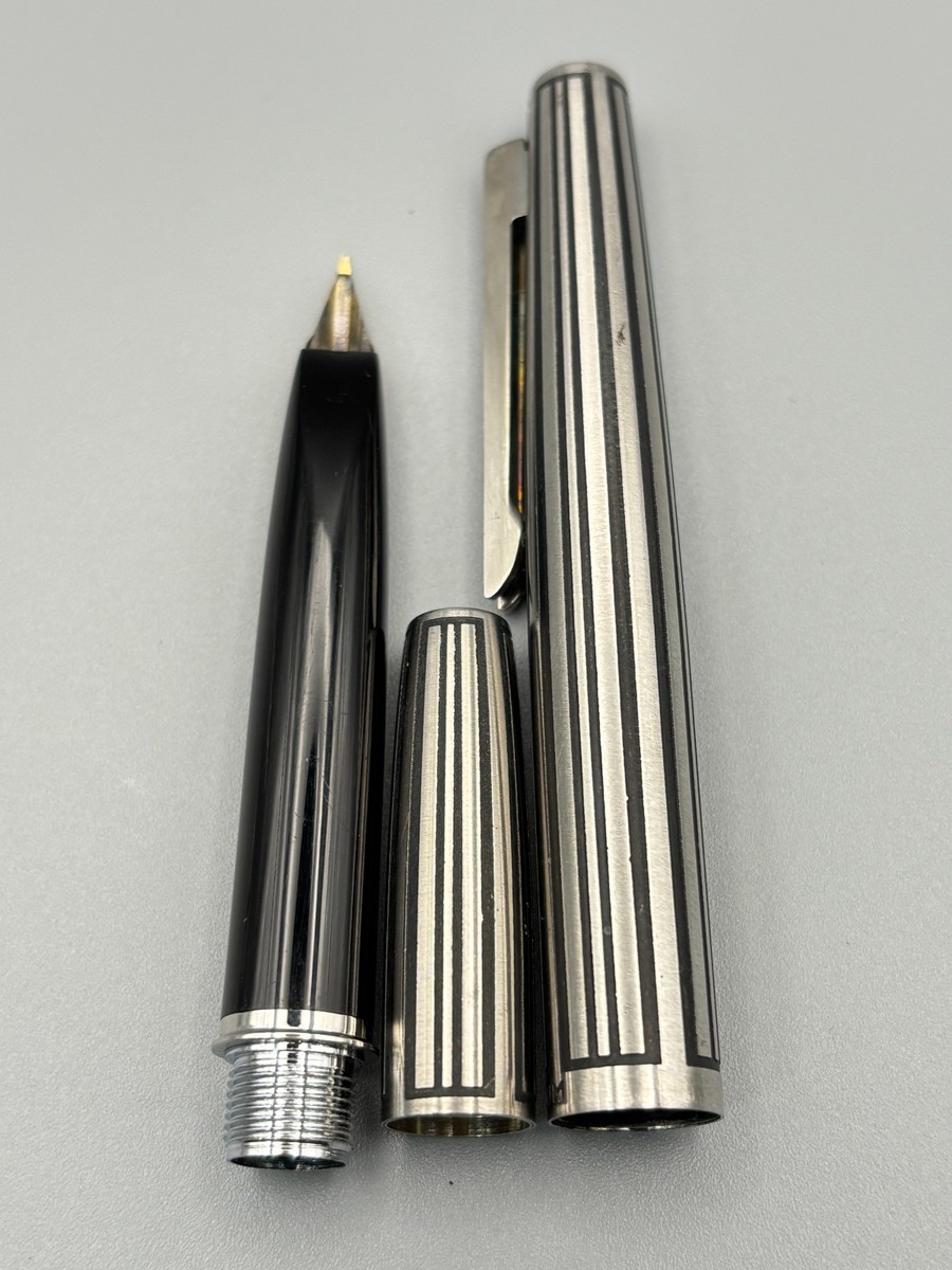 Vintage Platinum Short Fountain Pen 18K F Nib Silver Stripe Pocket