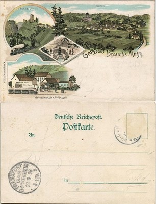 Litho Postcard Sponheim Greeting from Brauch's Mill, Railway Station, Castle MB 1898