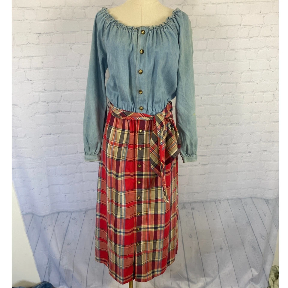 Винтажный Y2K Lizwear джинсовой ткани Chambray клетку с открытыми плечами миди платье P маленький - Изображение 2 из 4