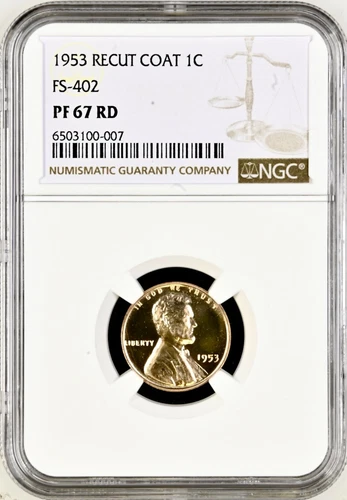 1953 PROOF LINCOLN WHEAT CENT RECUT COAT FS 402 NGC PF67RD