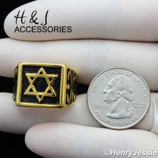 BIKER MEN Stainless Steel Black/Gold Plated Star of David Square Ring AGR126
