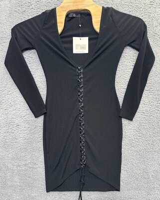 NEW Missguided Black Ribbed Front Lace Up Bodycon Dress Womens Size  Stretch