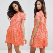 FRNCH Orange Paisley Drop-Waist Short Sleeve Mini Dress Size S