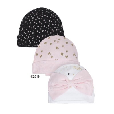 Gerber Baby Girl 3-Piece Organic Pink/Black Princess Caps Size Newborn